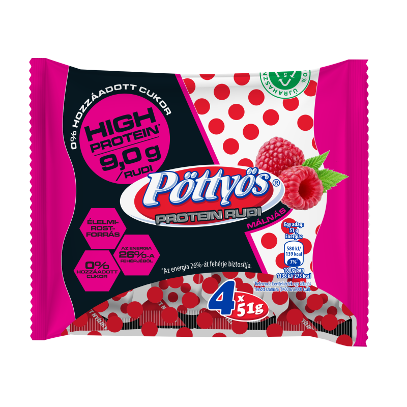 Pöttyös Protein Óriás Túró Rudi 4x51 g étbevonóval, málnás